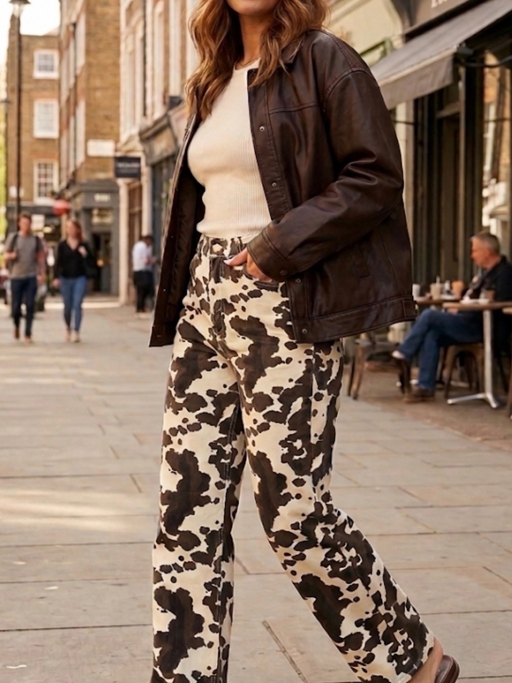 Cow Print Straight Leg Jeans | High Rise | Brown & Cream | Size L